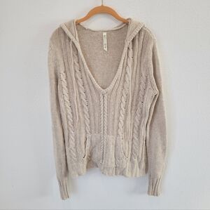 Lilu Hooded Cable Knit Sweater Beige V-Neck Pocket Women’s XL